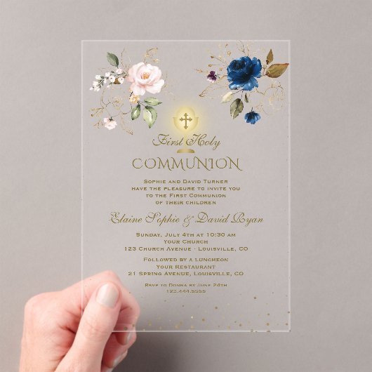 Goud Roze Blauw Bloemstuk Tweeling Eerste Heilige Acryl Uitnodigingen (Insitu (Draagbaar))