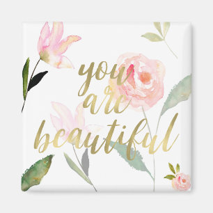 Goud Roze Bloemen Waterverf Je bent mooi Magneet