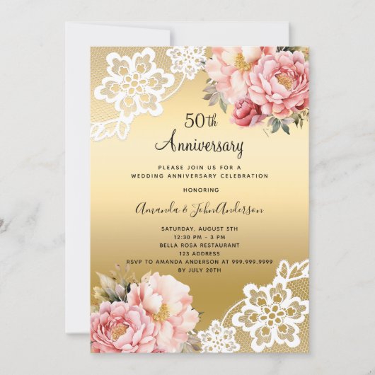 Goud roze bloemetjes 50ste trouwdag kaart (Voorkant)