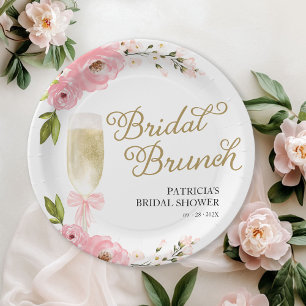 Goud Roze Bloemige Bruiloft Brunch Bruidsfeest Papieren Bordje