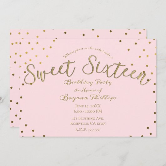 Goud & Roze Blush Modern Sweet 16 Verjaardagsfeest Kaart (Voorkant / Achterkant)