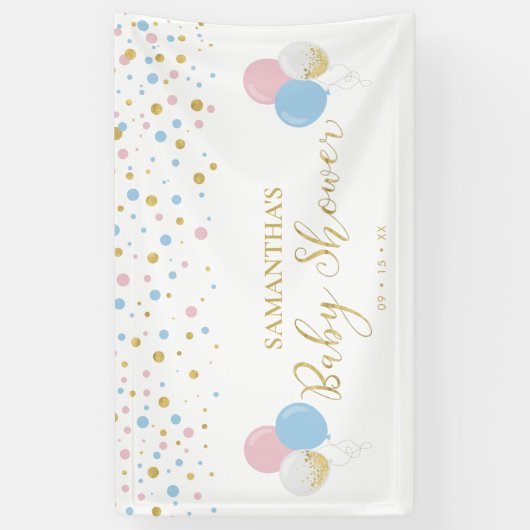 Goud, roze en blauw Baby shower onthullen banner (Verticaal)