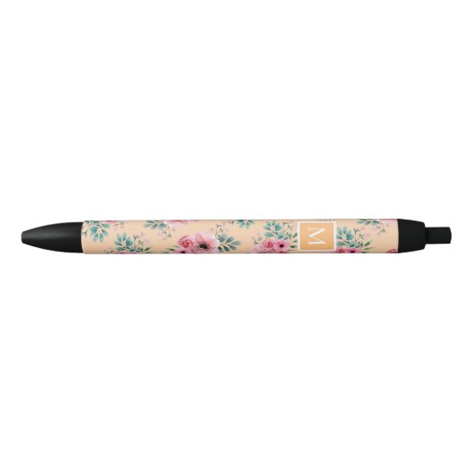 Goud | Roze en groene Floral-monogram Zwarte Inkt Pen (Voorkant)