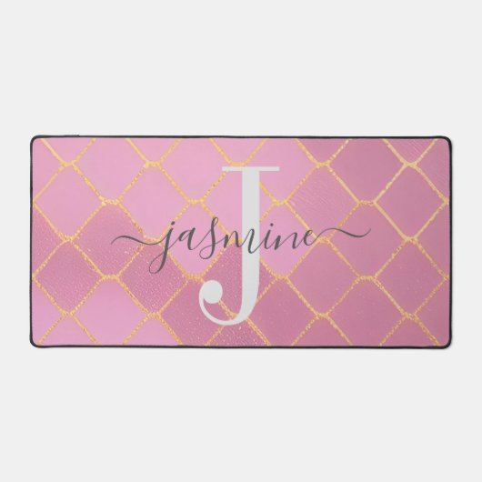 Goud & Roze Glitter Monogram Script Bureaumat (Voorkant)