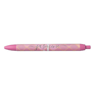 Goud & Roze Glitter Monogram Script Zwarte Inkt Pen