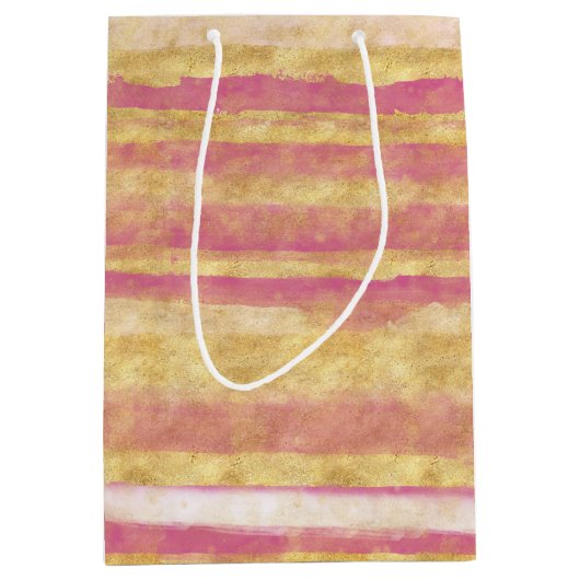 Goud Roze Glitz Strepen Medium Cadeauzakje (Voorkant)