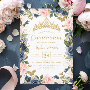 Goud Roze Marine Tiara Bloem Vlinder Quinceanera Kaart
