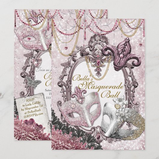 Goud Roze Masquerade Verjaardagsfeestuitnodigingen Kaart (Voorkant / Achterkant)