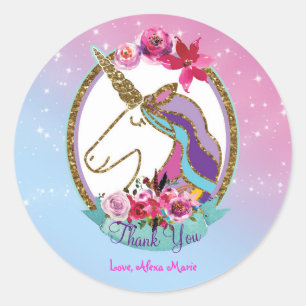 Goud Roze Paars Magische Eenhoorn Verjaardagsfeest Ronde Sticker