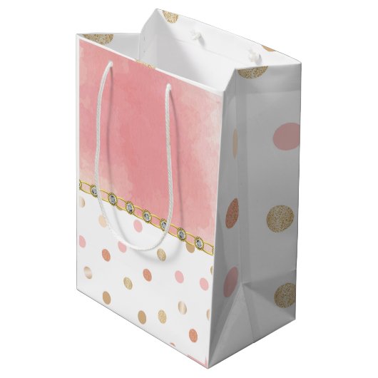 Goud, roze, pokadot, pasta, meisje, zoet, afbeeldi medium cadeauzakje (Achterkant Gekanteld)