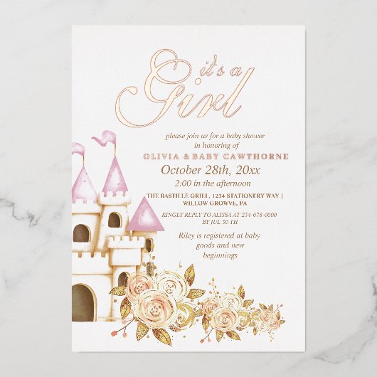 Goud & Roze Sprookjes Prinses Baby Shower Folie Uitnodiging (Voorkant)