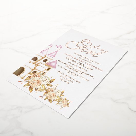 Goud & Roze Sprookjes Prinses Baby Shower Folie Uitnodiging (Gedraaid)