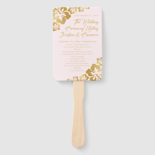 Goud Roze Tropische Hibiscus Bloem Bruiloft Progra Handwaaier (Voorkant)