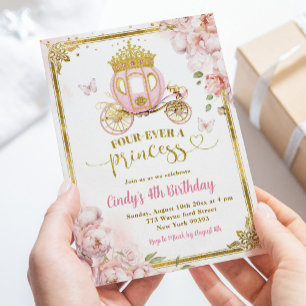 Goud Roze Vier een Prinses Carriage Verjaardag Kaart