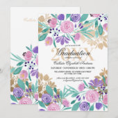 Goud Roze Violet Bloemen Waterverf Afstuderen Kaart (Voorkant / Achterkant)