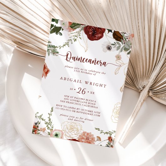 Goud rustieke kleurrijke bloemenquinceañera kaart