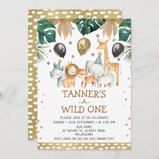 Goud Safari Patroon Wild One Safari Verjaardag Kaart (Voorkant / Achterkant)
