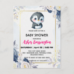 Goud Schattige pinguïn Blauw bloem baby shower kin Briefkaart