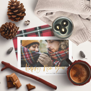 Goud schrift rode tartan modern kerst nieuw jaar feestdagenkaart