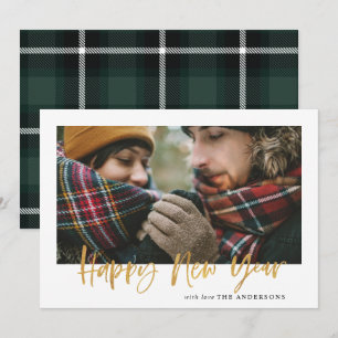 Goud script groen tartan moderne foto nieuw jaar feestdagenkaart