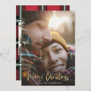 Goud script kwistig kerstrood tartan 2 fotograaf feestdagenkaart