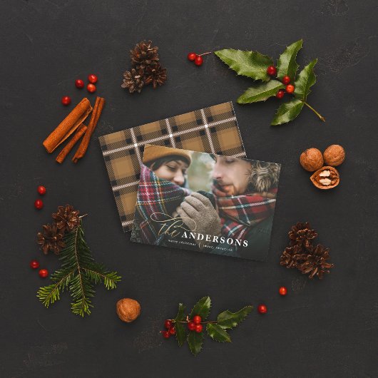 Goud script mustard plaid backer 1 fotokaart feestdagenkaart