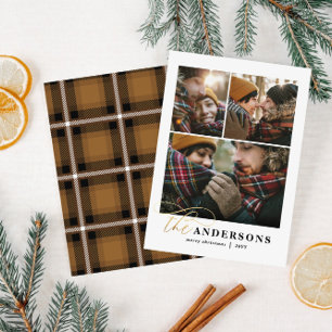 Goud script mustard plaid backer multi-fotokaart feestdagenkaart