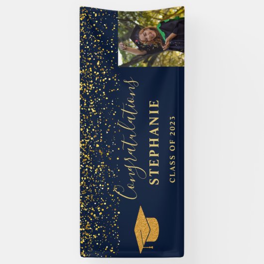 Goud Script Navy Confetti Gefeliciteerd Afstudeerd Spandoek (Verticaal)