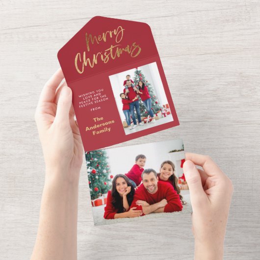 Goud script: rode kersttaartenfoto all in one uitnodiging (Afscheurbaar)