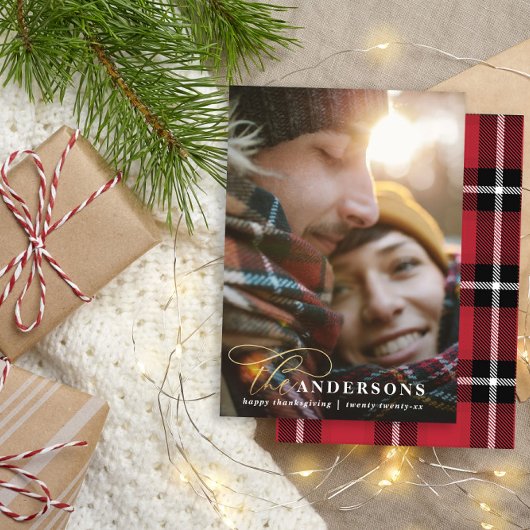 Goud script rode platte Thanksgiving 1 foto Feestdagenkaart