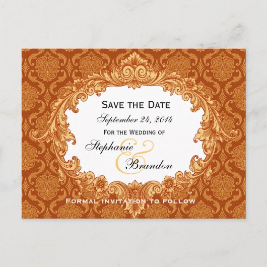 Goud Sinaasappel Damask Wedding Save Date V34 Aankondigingskaart (Voorkant)