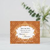 Goud Sinaasappel Damask Wedding Save Date V34 Aankondigingskaart (Staand voorkant)