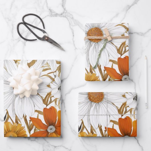 Goud Sinaasappel Wit Daisy Boho Wildflower Decoupa Inpakpapier Vel (Voorkant)