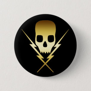 GOUD SKULL EN LICHTE BOLTS RONDE BUTTON 5,7 CM