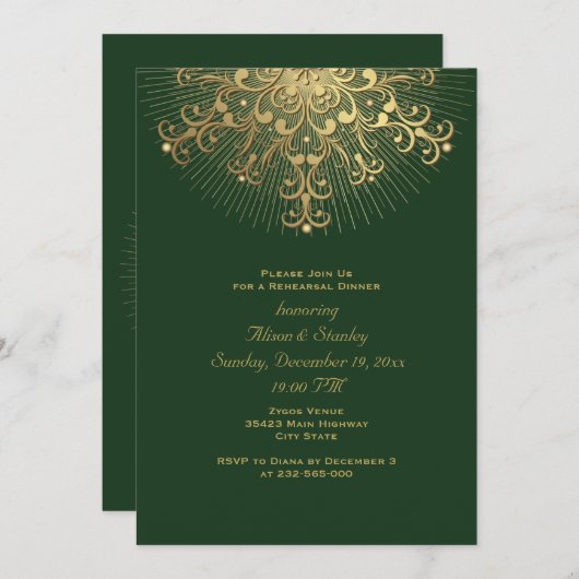 Goud snowflake, groen bruiloft, diner kaart (Voorkant / Achterkant)