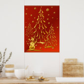Goud Snowman en kerstboom afdrukken Poster (Keuken)