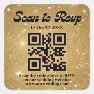 Goud Sparkles Retro Script RSVP QR Code Bruiloft Vierkante Sticker