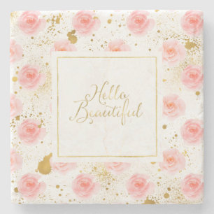 Goud spatjes Roze Rozen Hallo Beautiful Stenen Onderzetter
