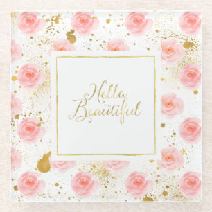 Goud spatjes Roze Rozen Hallo Mooi Glazen Onderzetter