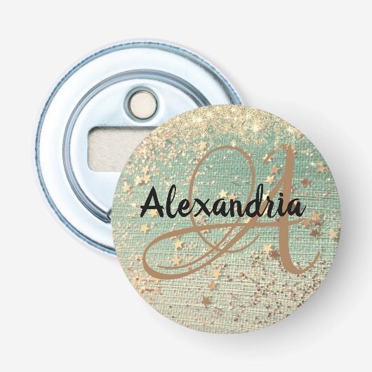 Goud Stardust op Zee Groen op maat Button Flesopener (Voorkant)