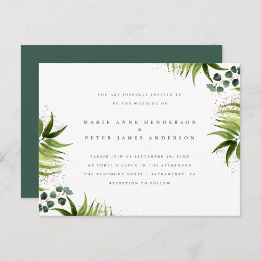 Goud stof & tropisch groen Botanische bruiloft Uitnodiging Briefkaart (Voorkant / Achterkant)