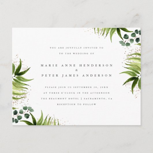 Goud stof & tropisch groen Botanische bruiloft Uitnodiging Briefkaart (Voorkant)