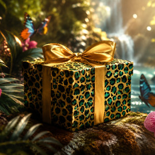 Goud & Teal Glam Luipaardprint Cadeaupapier