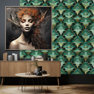 Goud Teal Smaragdgroene Art Deco Behang