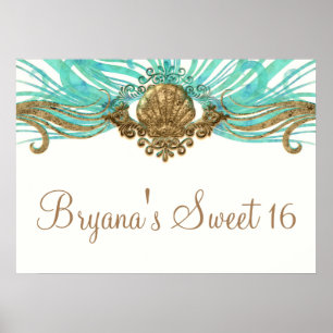 Goud & Teal Zee Schelp Glam Strand Banner Poster
