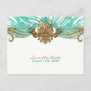 Goud & Teal Zee Schelp Glam Strand Bewaar de Datum Aankondigingskaart