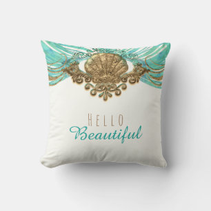 Goud & Teal Zee Schelp Glam Strand Elegant Op Maat Kussen