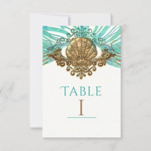 Goud & Teal Zeeschelp Glam Strand Tafel Nummerkaar Kaart (Voorkant)