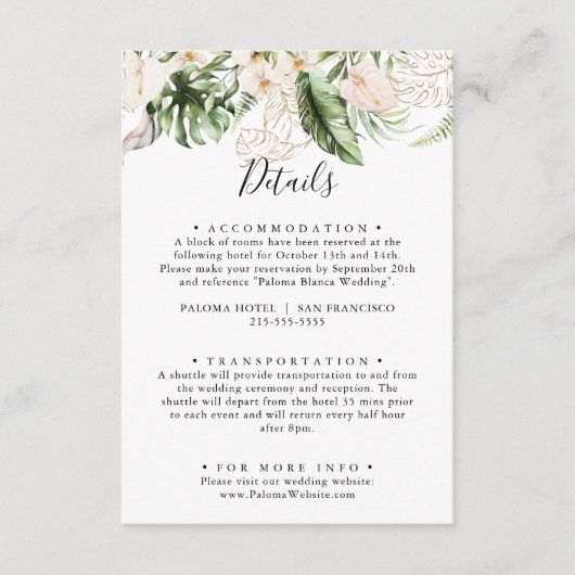 Goud Tropisch Bladgroen Bloemen Bruiloft Details Informatiekaartje (Voorkant)