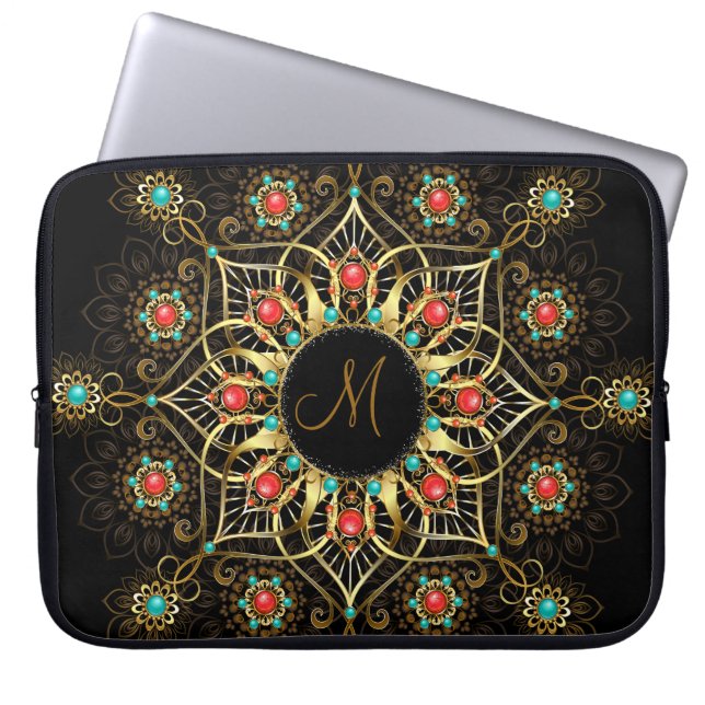 Goud Turkoois Rood Mandala Monogram Laptop Sleeve (Voorkant)